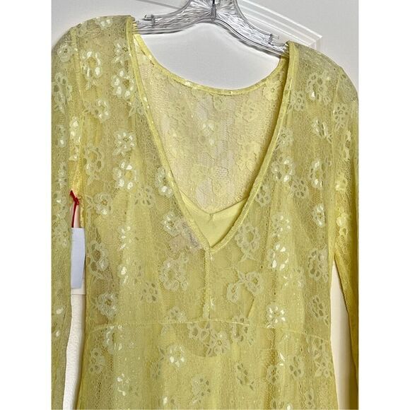 Open Edit Light Yellow long sleeve sheer lace maxi dress sz XS NWT - Picture 9 of 12